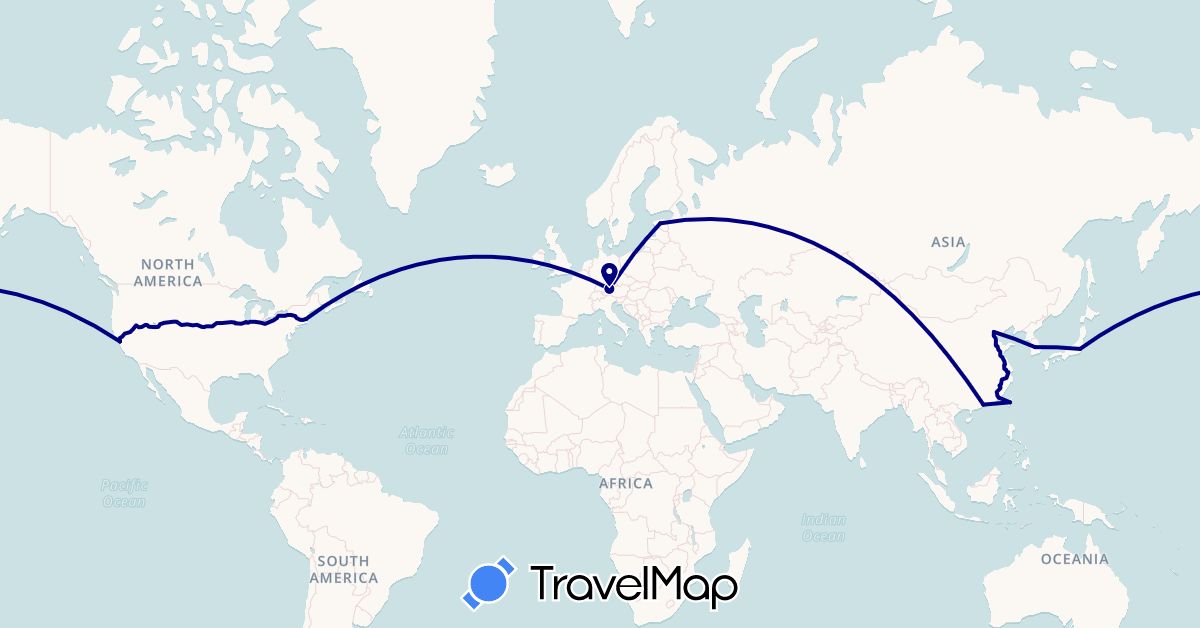 TravelMap itinerary: driving in China, Germany, Estonia, Japan, South Korea, Taiwan, United States (Asia, Europe, North America)