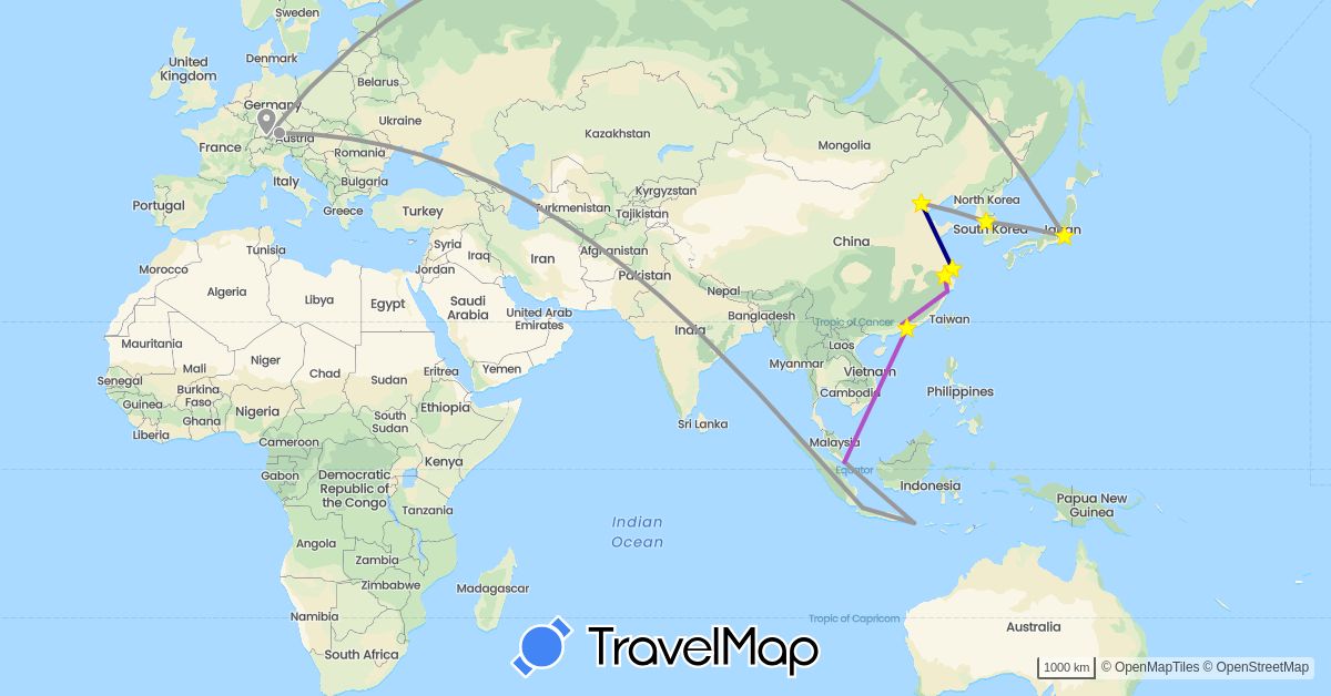 TravelMap itinerary: driving, plane, train in China, Germany, Indonesia, Japan, South Korea, Singapore (Asia, Europe)
